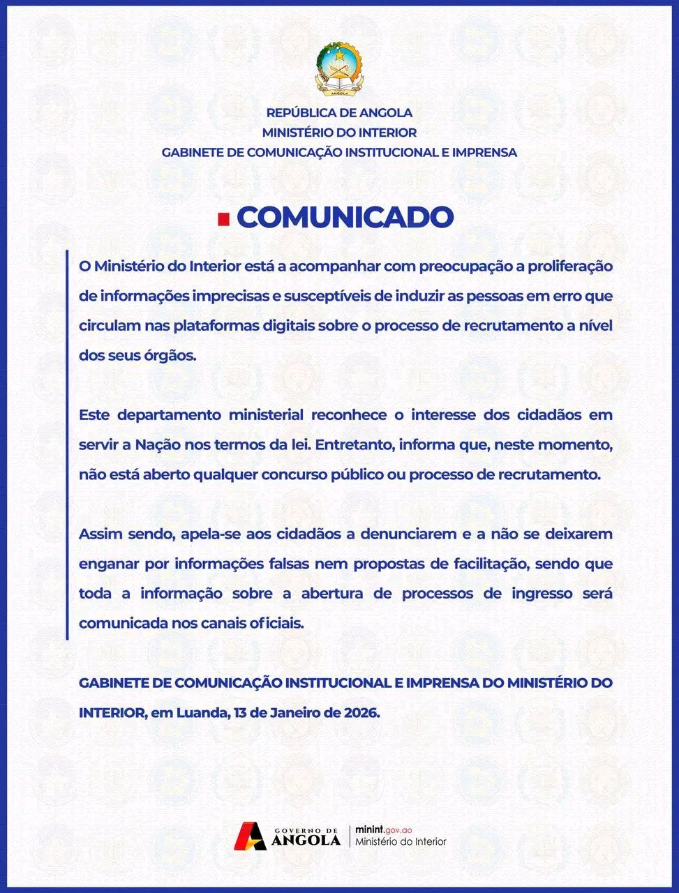 Ministério do Interior Emite Alerta Sobre Proliferação de Informações Imprecisas